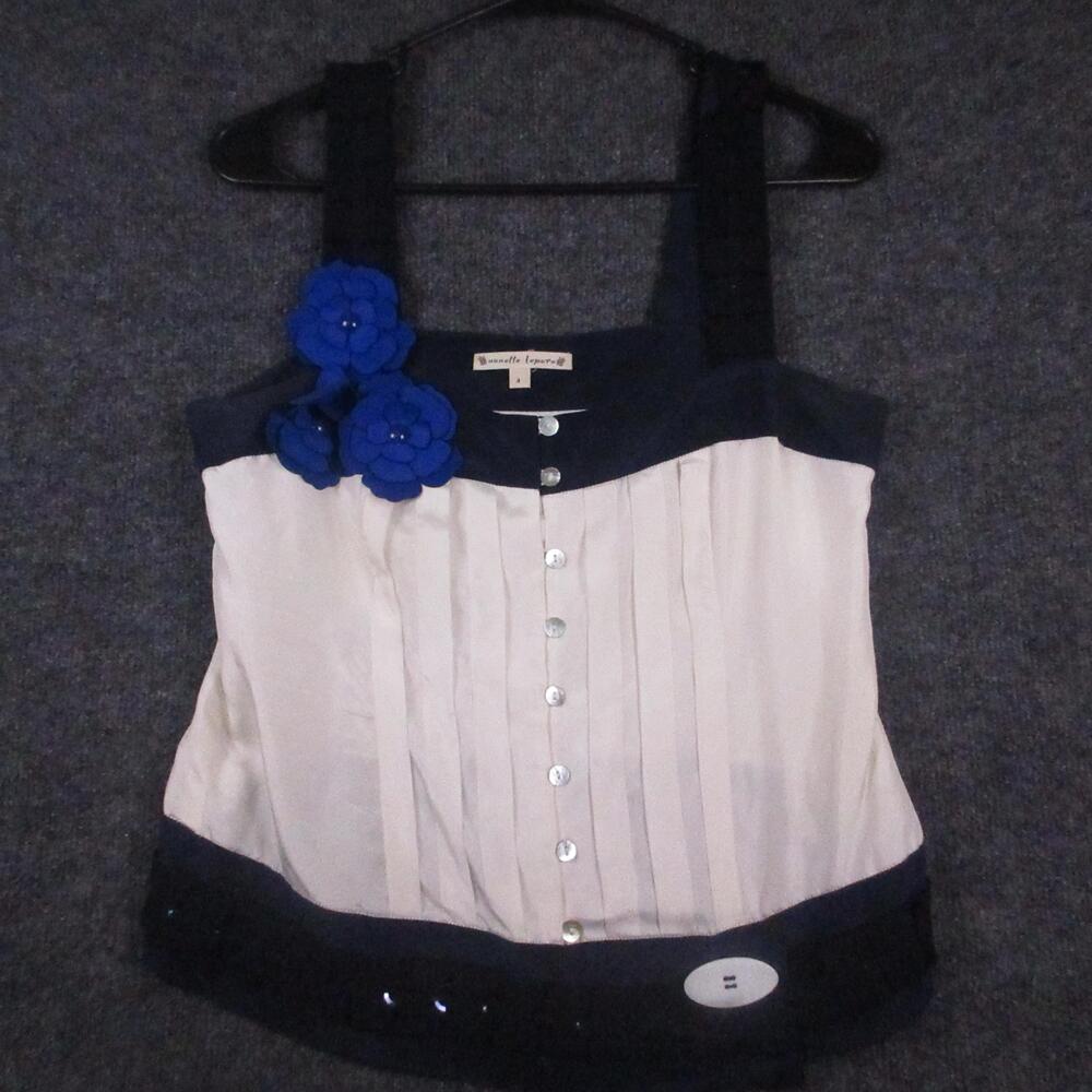 Nanette Lepore Tank Top Womens 4 White Navy Floral Pleated Button Camisole